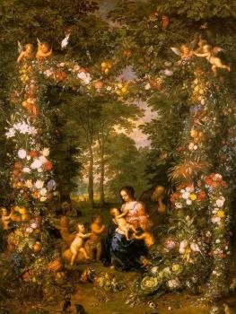 老簡 佈魯格爾 在花和果實的花環中的聖家庭